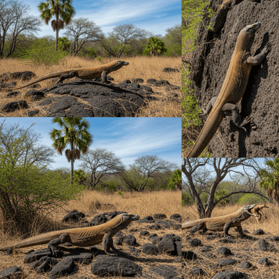 A dynamic action scene featuring a single Komodo Dragon (lizards) running, climbing, or catching prey in its typical environment