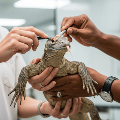 Image of a Komodo Dragon interacting with humans in a responsible pet-keeping context