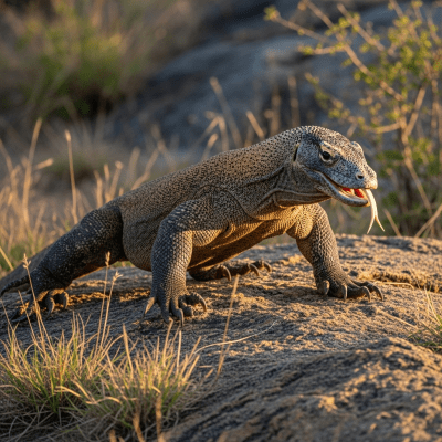 A dynamic action shot of a Komodo Dragon, part of the taxonomy reptiles, in motion such as climbing, swimming, basking, or hunting in its environment