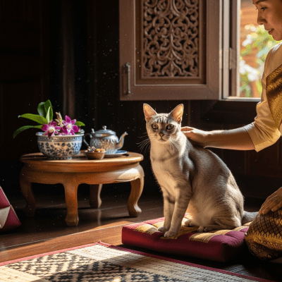 Image of a Korat interacting with humans or participating in cultural activities