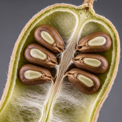 Close-up macro image of the Kudzu (legumes) cut in half, displaying its internal structure and details such as seed arrangement, pod interior, or cross-section textures