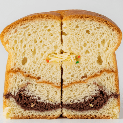 Detailed cross-sectional view of a sliced Kue Cubit (cake), showing internal layers, textures, and ingredients