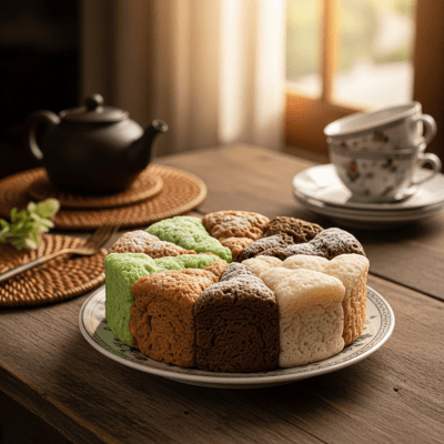 A realistic image of a whole Kue Cubit (cake) displayed on a classic dessert table in a home or bakery setting