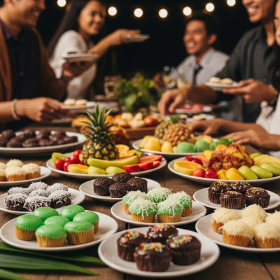 A scene showing the Kue Cubit (cake) being served or enjoyed at a festive occasion, such as a birthday party or wedding