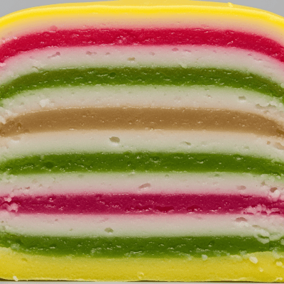 Detailed cross-sectional view of a sliced Kue Lapis (cake), showing internal layers, textures, and ingredients