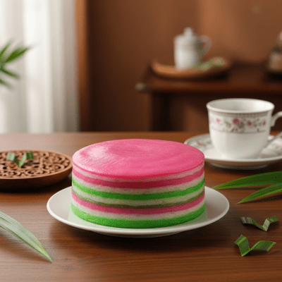 A realistic image of a whole Kue Lapis (cake) displayed on a classic dessert table in a home or bakery setting