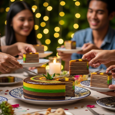 A scene showing the Kue Lapis (cake) being served or enjoyed at a festive occasion, such as a birthday party or wedding
