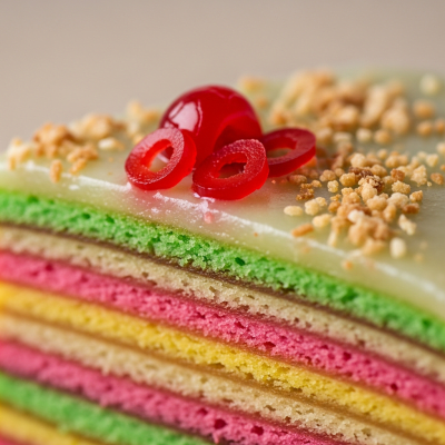 Close-up macro photograph of the surface texture and decoration of a Kue Lapis (cake)