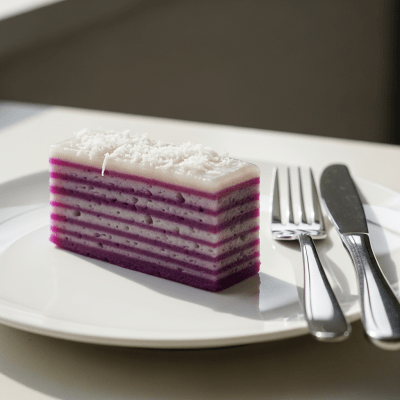 An image of a single slice of Kue Lapis, from the cake taxonomy, isolated on a plate with simple cutlery