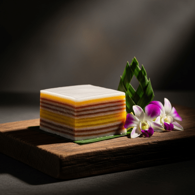 Editorial-style hero shot of a beautifully presented Kueh Lapis, from the cake taxonomy.
