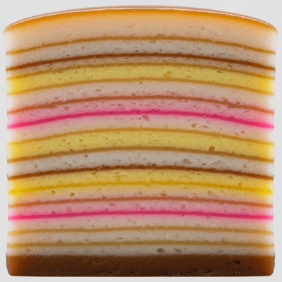 Detailed cross-sectional view of a sliced Kueh Lapis (cake), showing internal layers, textures, and ingredients
