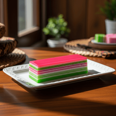 A realistic image of a whole Kueh Lapis (cake) displayed on a classic dessert table in a home or bakery setting