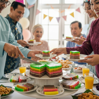 A scene showing the Kueh Lapis (cake) being served or enjoyed at a festive occasion, such as a birthday party or wedding