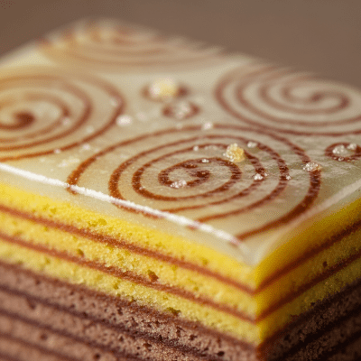 Close-up macro photograph of the surface texture and decoration of a Kueh Lapis (cake)