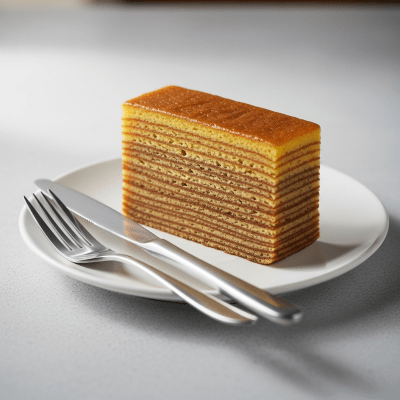 An image of a single slice of Kueh Lapis, from the cake taxonomy, isolated on a plate with simple cutlery