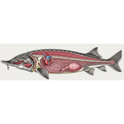 Detailed anatomical illustration of a Lake Sturgeon, part of the taxonomy fish