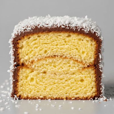Detailed cross-sectional view of a sliced Lamington (cake), showing internal layers, textures, and ingredients