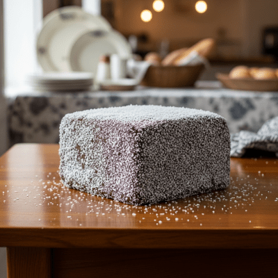 A realistic image of a whole Lamington (cake) displayed on a classic dessert table in a home or bakery setting