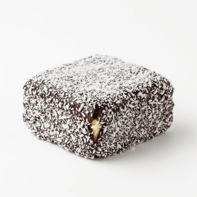 High quality studio photograph of a Lamington from the cake taxonomy