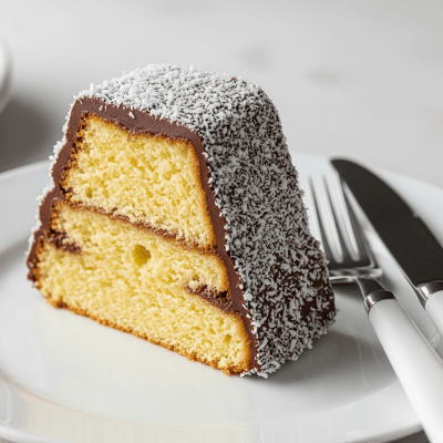 An image of a single slice of Lamington, from the cake taxonomy, isolated on a plate with simple cutlery
