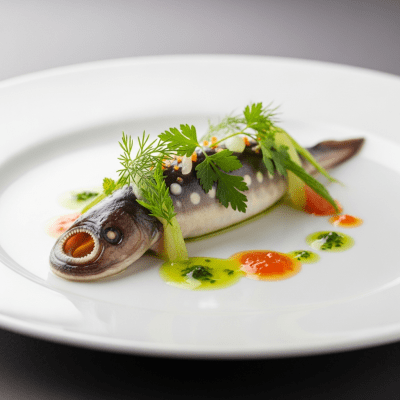 A culinary presentation featuring a prepared dish made with Lamprey, of the taxonomy fish
