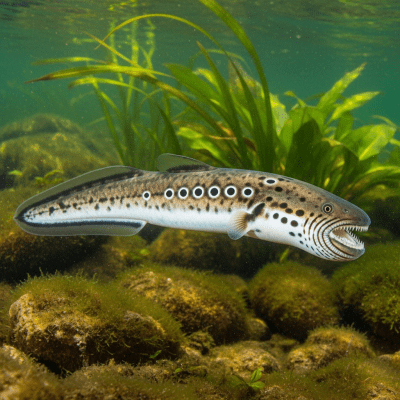 Underwater scene featuring a single Lamprey