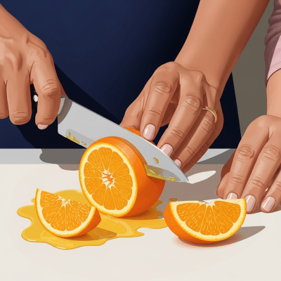 A realistic depiction of a Lane Late Navel Orange from the oranges taxonomy being used in a culinary context, such as being sliced on a cutting board or prepared for juice