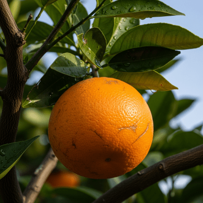 A naturalistic scene featuring a Lane Late Navel Orange from the oranges taxonomy growing on a tree with leaves and branches visible