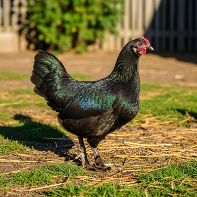 Naturalistic image of a Langshan belonging to the chicken taxonomy in its typical outdoor environment