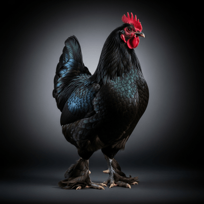 Editorial-style portrait of a Langshan from the chicken taxonomy.