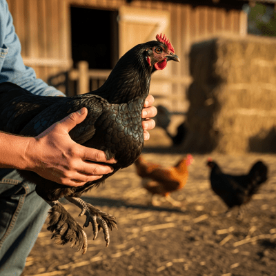 Photograph of a Langshan from the chicken taxonomy interacting with humans in a typical farm setting