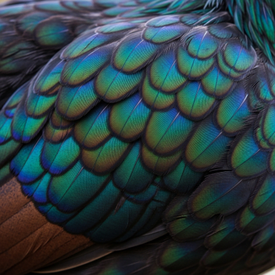 Close-up macro photograph highlighting the feather texture and coloration of a Langshan from the chicken taxonomy