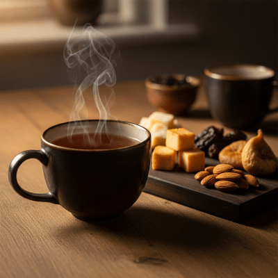 Still life image of a prepared cup of Lapsang Souchong
