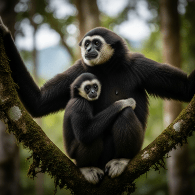 Photograph of a juvenile Lar gibbon (apes) alongside an adult in their environment