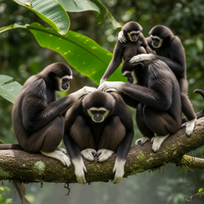 Image showing a group of Lar gibbon (apes) engaging in typical social behavior