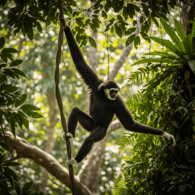 Photograph of a Lar gibbon (apes) in its natural habitat
