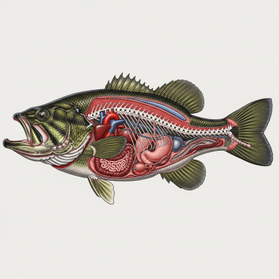 Detailed anatomical illustration of a Largemouth Bass, part of the taxonomy fish