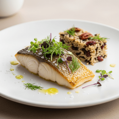 A culinary presentation featuring a prepared dish made with Largemouth Bass, of the taxonomy fish