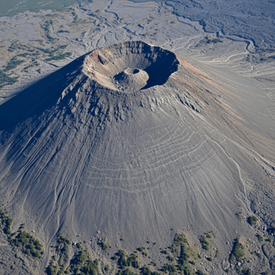 Aerial view photograph of the Lava dome, showcasing its shape and crater from above