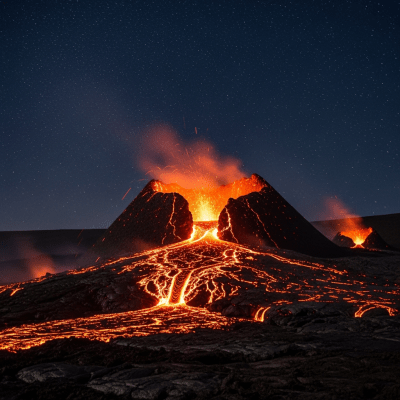 Nighttime image of the Lava dome, highlighting glowing lava and illuminated volcanic features