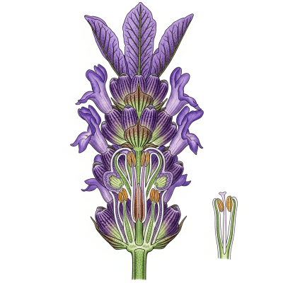 Cross-sectional illustration of a Lavender (flowers), showing internal parts such as stem, petals, and reproductive organs