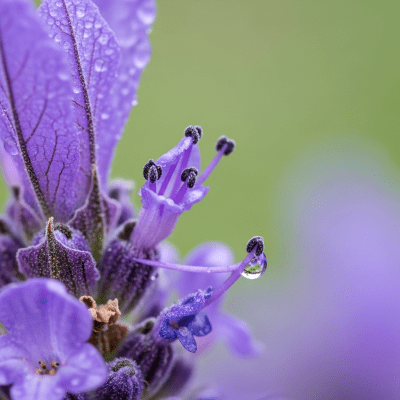 Detailed macro image of a Lavender (flowers), focusing on the intricate structure of petals, stamens, and pistil