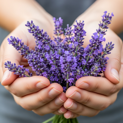 Photograph of a Lavender (flowers) being held or interacted with by a person in a gentle way
