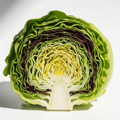 Detailed close-up image of a freshly cut cross-section of Leaf Lettuce, of the taxonomy lettuce