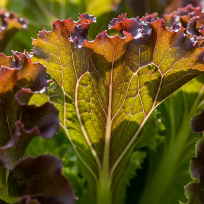 Macro shot capturing the texture and surface details of a leaf from Leaf Lettuce, within taxonomy lettuce