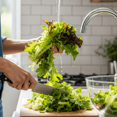 Photograph of a diverse pair of hands preparing or serving Leaf Lettuce in a kitchen setting