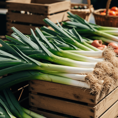 Image showing freshly harvested Leek, displayed in a farmer's market basket or crate
