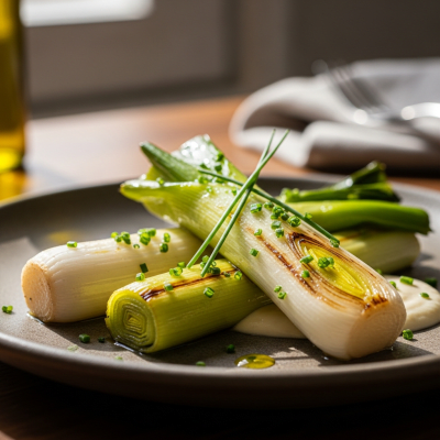 Photograph of a prepared dish or serving featuring the Leek, as commonly used in cuisine within the taxonomy vegetables