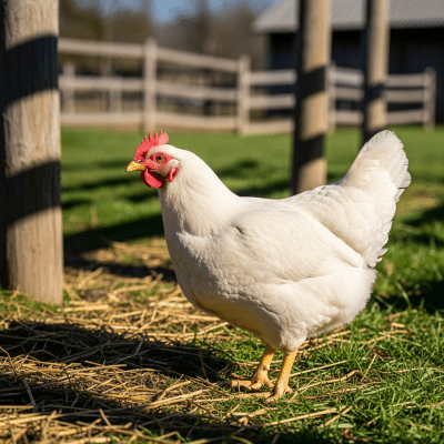 Naturalistic image of a Leghorn belonging to the chicken taxonomy in its typical outdoor environment