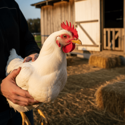 Photograph of a Leghorn from the chicken taxonomy interacting with humans in a typical farm setting